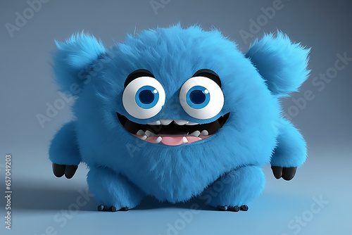 Cute blue furry monster 3D cartoon character. Ai Generated. photo