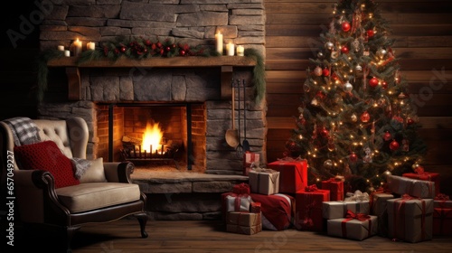 Christmas Scene Imagine a warm and inviting holiday setting with a beautifully decorated Christmas tree surrounded by presents, a comfortable rocking chair, and a crackling fireplace. © olegganko