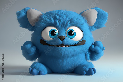 Cute blue furry monster 3D cartoon character. Ai Generated. photo