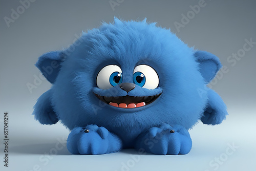 Cute blue furry monster 3D cartoon character. Ai Generated. photo