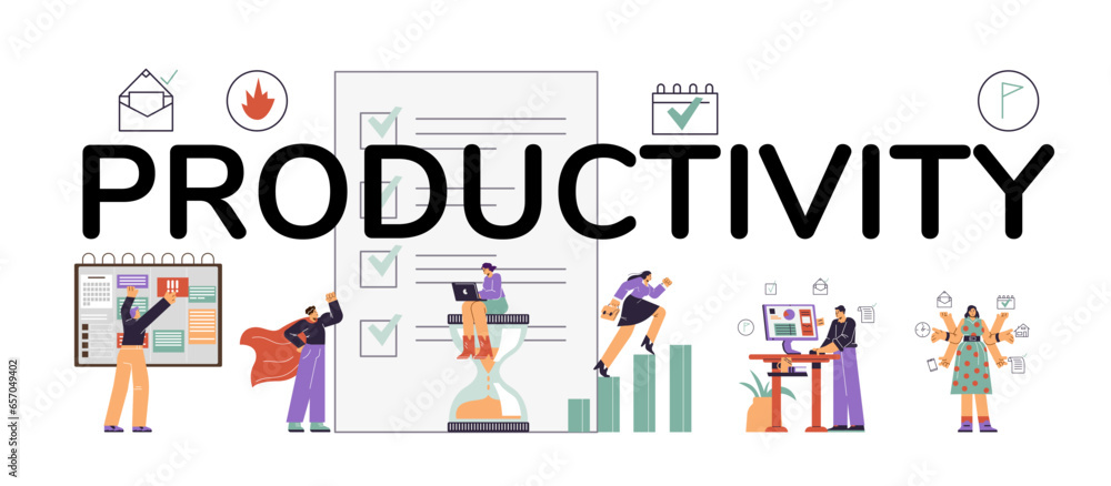 Time management to improve productivity at work banner, flat vector illustration.