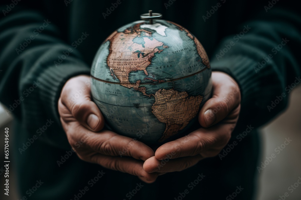 A person holding a globe in their hands, symbolizing global unity and interconnectedness - obrazy, fototapety, plakaty 