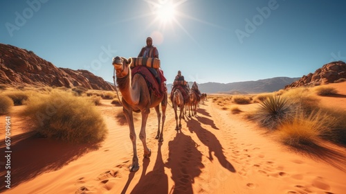 Tourists Delight in Group Camel Rides through the Desert Travel lifestyle 