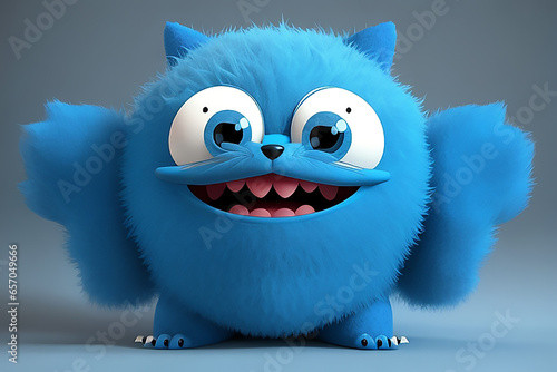 Cute blue furry monster 3D cartoon character. Ai Generated. photo