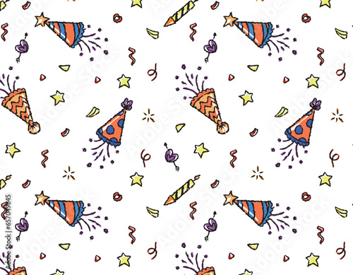 Pattern of patterns with hats for a birthday party in a groovy style. Bright festive digital paper for children, vector graphics, fireworks elements, stars, serpentine.