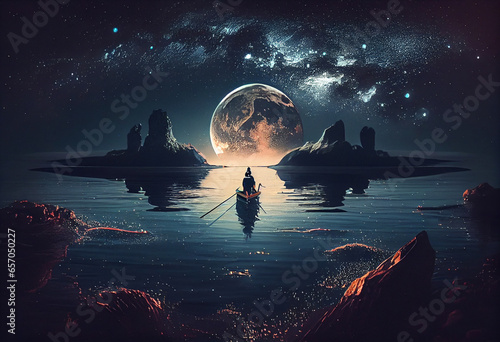 night scenery of a man rowing a boat among many glowing moons floating on the sea, digital art style, illustration oil painting