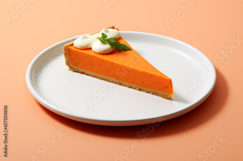 A piece of carrot cake with cream. Piece of pumpkin pie