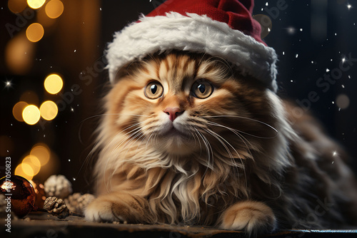 A cute cat with red Santa hat on his head is laying and looking at the camera.