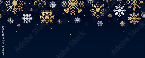 Beautiful blue Christmas background with gold and white snowflakes, stars, place for text, holiday greetings. Modern universal art templates. Vector illustration.
