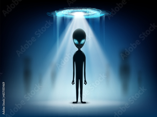 Alien stand on background of glowing light UFO. Stock vector illustration.