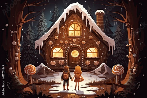 children stand in front of a gingerbread house in the forest illustration
