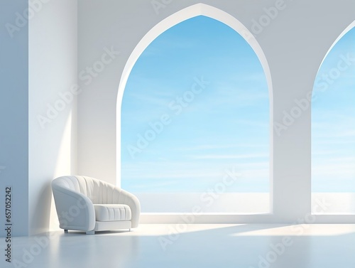 Modern white room with an arching window and a chair generative ai © tanjidvect