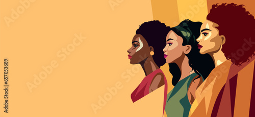 Vector style fashion abstract banner place for text poster for Women's Day, women of different cultures and nationalities. Vector concept of movement for gender equality and women's empowerment