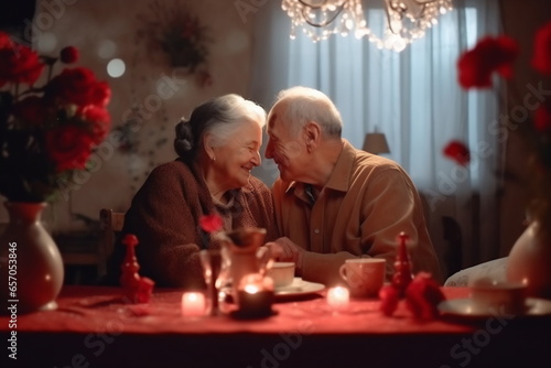 Smiling older couple hugging and kissing standing at home. Happy senior adult classy husband and wife embracing, bonding, and enjoying each other