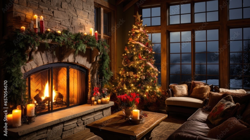 Christmas decorated fireplace. Interior living room with Christmas tree and gifts, armchair with blanket and gifts. Warm cozy Xmas concept..