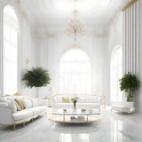 luxury living room, interior of hotel, 
a spacious white luxurious living room with baroque gilding and an ornate chandelier in a luxurious modern palace, generated by AI