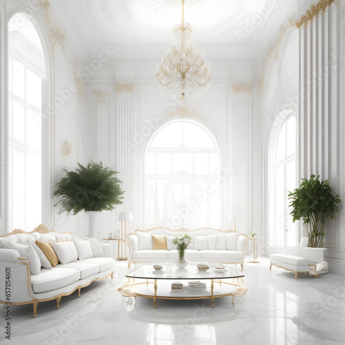 luxury living room, interior of hotel,  a spacious white luxurious living room with baroque gilding and an ornate chandelier in a luxurious modern palace, generated by AI © Ieva Ab