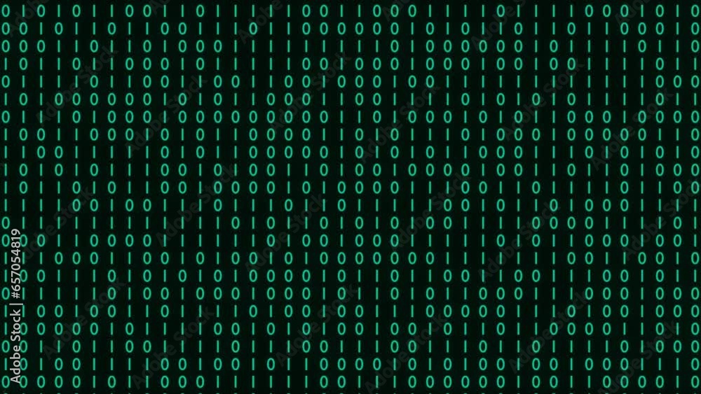 Binary code black and cyan background with digits moving on screen ...