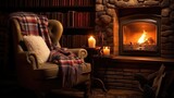 Christmas decorated fireplace. Interior living room with Christmas tree and gifts, armchair with blanket and gifts. Warm cozy Xmas concept..