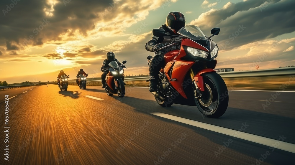 A group of motorcyclists ride sports bikes at fast speeds on an empty road against a beautiful cloudy sky.