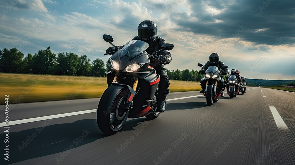A group of motorcyclists ride sports bikes at fast speeds on an empty road against a beautiful cloudy sky. A group of motorcyclists ride sports bikes at fast speeds on an empty road against a beautiful cloudy sky.