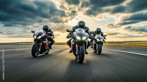 A group of motorcyclists ride sports bikes at fast speeds on an empty road against a beautiful cloudy sky.