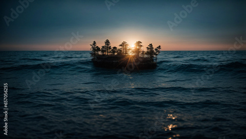 crown style island in the middle of ocean, sunset over there, cinematic view