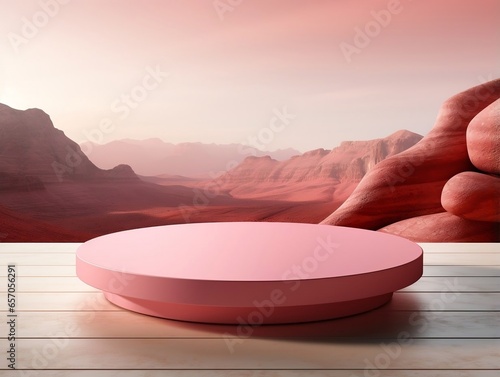 Blank pink podium with pink mountain scenery on a rock in the background generative ai