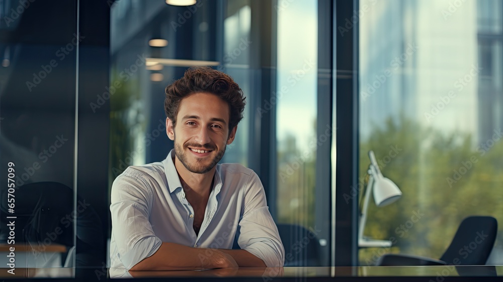 Young architect with a smiling face sits and works with documents. In an office with a clear glass background. overlooking modern buildings Young architect with a smiling face sits and works with documents. In an office with a clear glass background. overlooking modern buildings