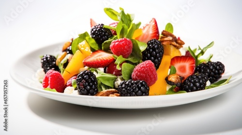 Fresh fruit salad with strawberries  raspberries  blueberries  blackberries and walnuts