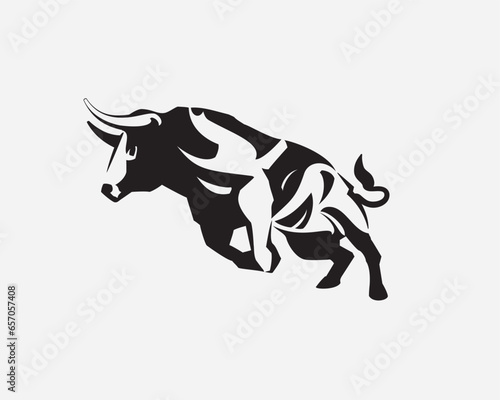 A bull is running with full of energy. Big bull rears before running. Big buffalo symbol. Bull vector icon isolated on white background. Wild bull brand logo, mascot, icon. Torro brand logo template.