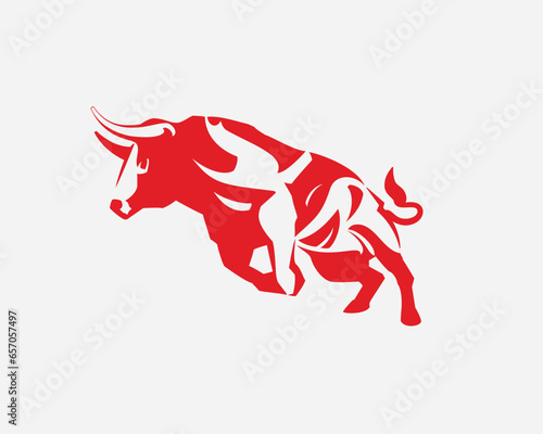 A bull is running with full of energy. Big bull rears before running. Red buffalo symbol. Bull vector icon isolated on white background. Wild bull brand logo, mascot, icon. Torro brand logo template.