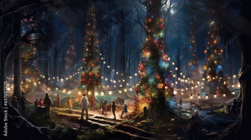 people decorating trees with ornaments, ribbons, and lights in a park 