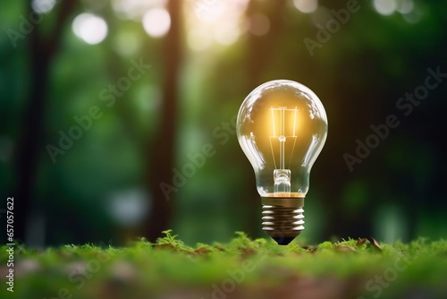 Lightbulb with small plant on soil and sunshine. Concept saving energy in nature