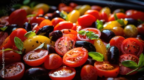 Salad with cherry tomatoes, black olives and basil. Selective focus.