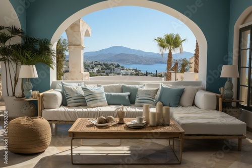 Living room in Greek Island Style. Created with Generative AI technology © mafizul_islam