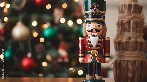 Close up of a Christmas nutcracker. Toy Soldier. Christmas copyspace background photo