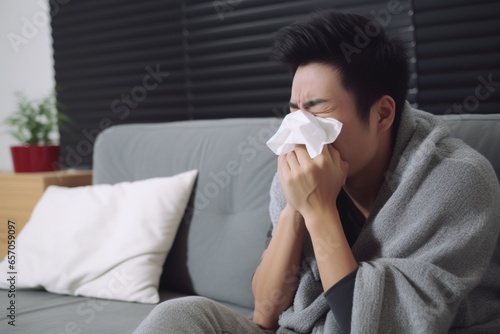 Sick asian man blowing her nose while sitting on sofa at home, Generative AI