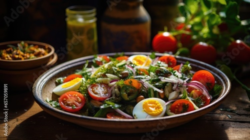 Fresh vegetable salad with quail eggs, tomatoes, onions and arugula