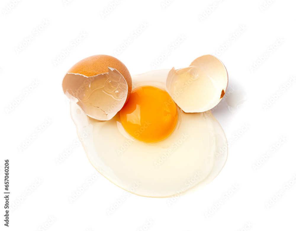 Broken Egg Isolated, Raw Yolk and White, Cracked Brown Shell, Fresh Broken Chicken Eggs on White Background Broken Egg Isolated, Raw Yolk and White, Cracked Brown Shell, Fresh Broken Chicken Eggs on White Background