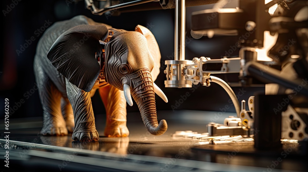 Automatic 3D printer creates tiny elephants - obrazy, fototapety, plakaty 