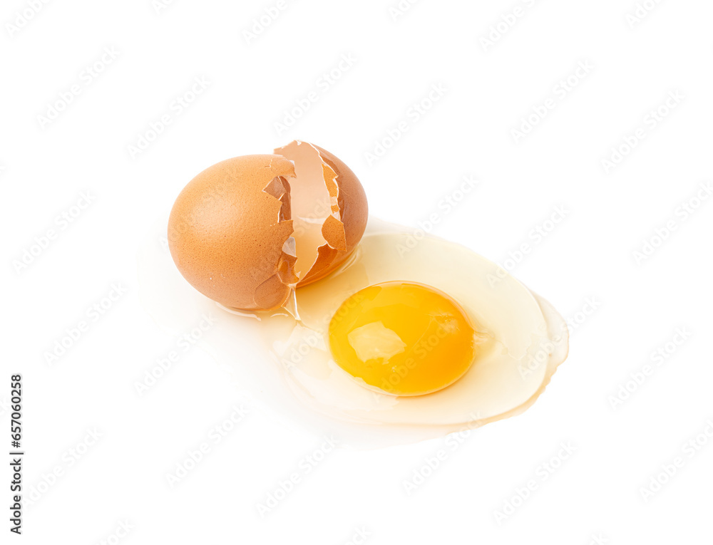 Broken Egg Isolated, Raw Yolk and White, Cracked Brown Shell, Fresh Broken Chicken Eggs on White Background Broken Egg Isolated, Raw Yolk and White, Cracked Brown Shell, Fresh Broken Chicken Eggs on White Background
