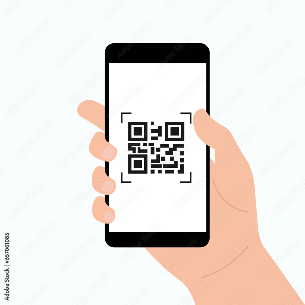 Hand holding mobile phone. QR code scanning on smartphone. QR code for payment. Isolated vector illustration Hand holding mobile phone. QR code scanning on smartphone. QR code for payment. Isolated vector illustration