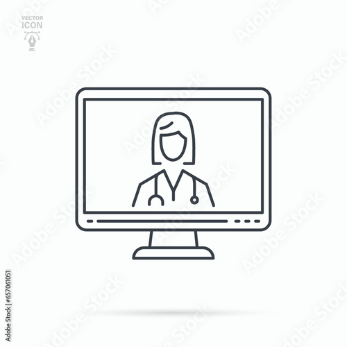 Virtual female doctor line icon. Online Digital Medicine. Telemedicine, Virtual Medicine Service.