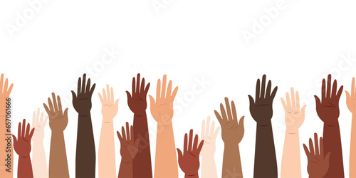 Hands raised, different people from different ethnic groups. Racial equality. Multicultural community integration. Seamless background Vector illustration