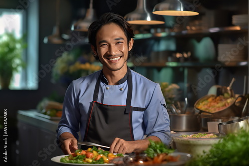 A famous filipino chef works in a big restaurant kitchen photo