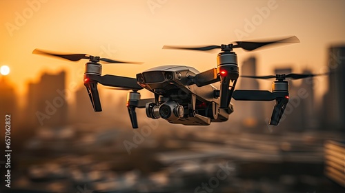 Innovation photography concept. Silhouette drone Flying over San-Francisco city on blurred background. Heavy lift drone photographing city at sunset © somchai20162516