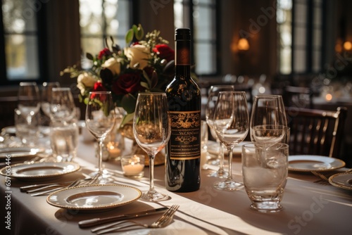  Wine-themed wedding reception with elegant wine bottle centerpieces, Generative AI © Shooting Star Std