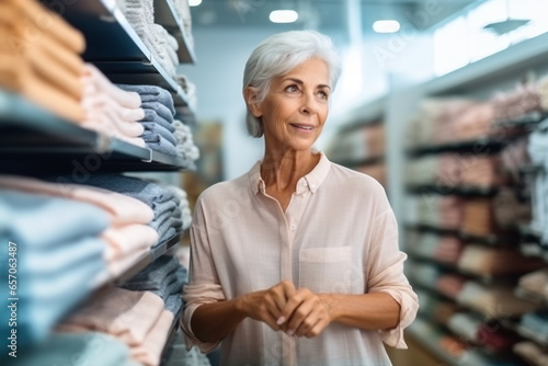 Portrait of middle-aged woman choosing new items in the mall photo