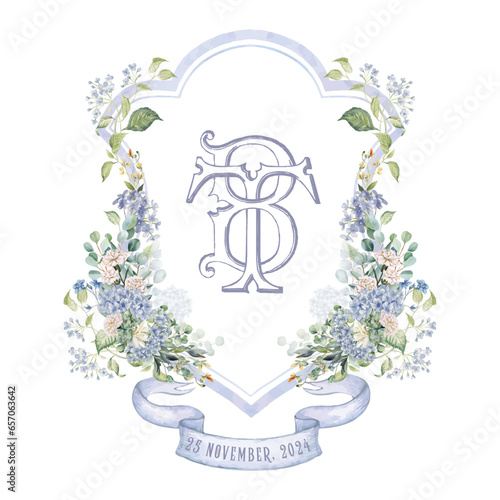 Painted wedding monogram TB, BT initial watercolor floral crest. Watercolor crest with blue flowers and green leaves frame hand-drawn vector template. photo